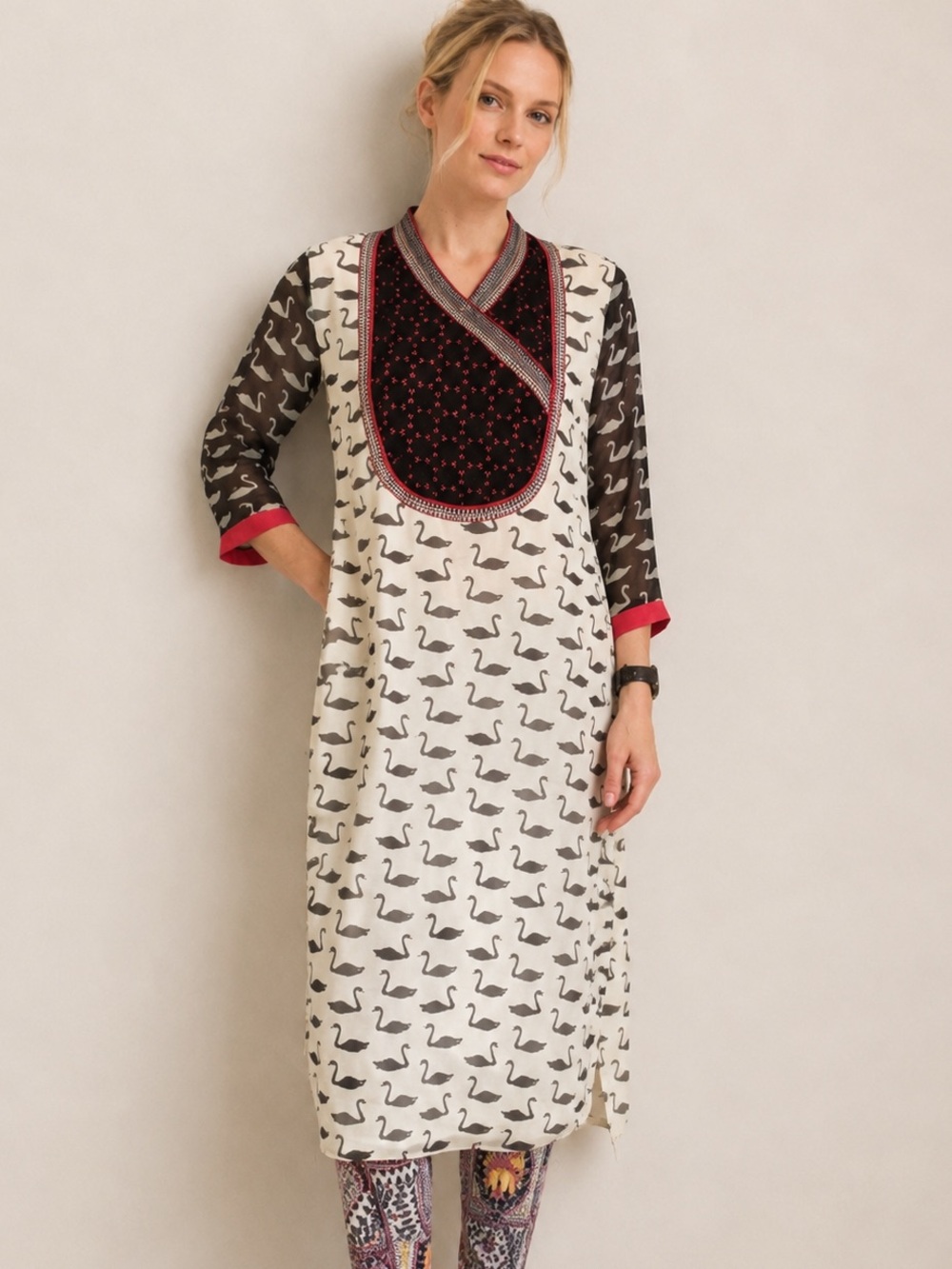 18 FIRE Cream Black Georgette Lined Duck Chiffon Lined Kurtas Shirt Dress